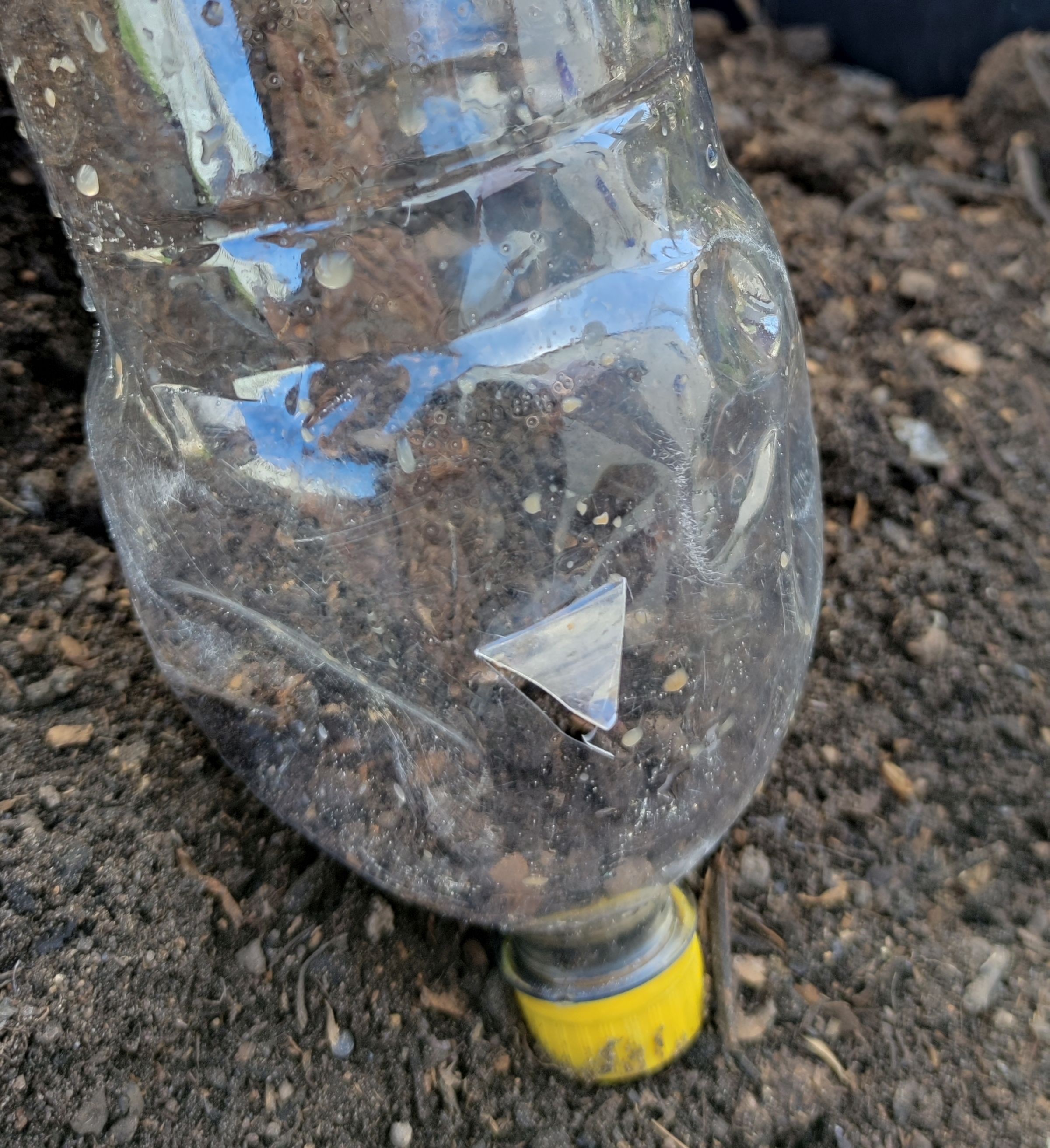 Perforate the bottom bottle in its neck, just pierce the bottle with the knife.